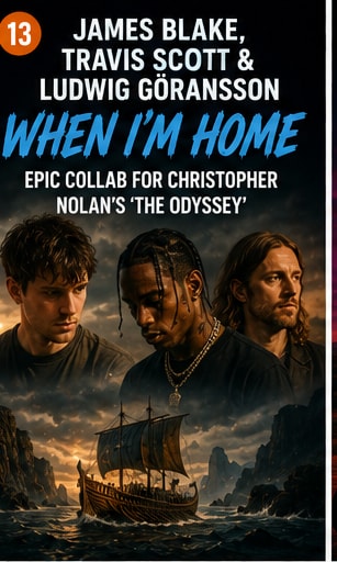James Blake, Travis Scott, and Ludwig Göransson pictured together for The Odyssey soundtrack campaign.