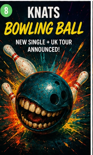 Knats Bowling Ball single artwork showing a turquoise bowling ball striking pins in an explosion of colour.