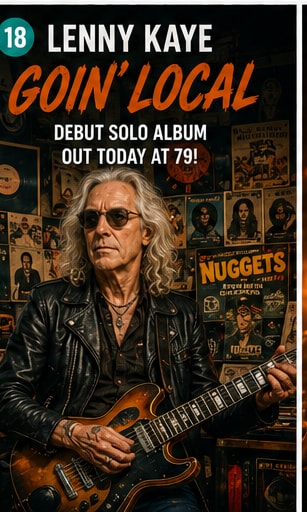 Lenny Kaye with guitar in a record-store setting for the Goin' Local debut album campaign.