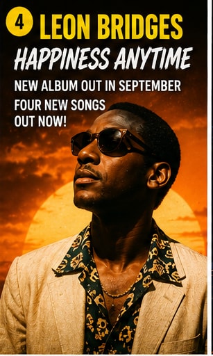 Leon Bridges standing against a golden sunset sky for Happiness Anytime campaign.