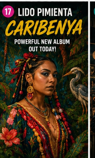 Lido Pimienta in vibrant tropical-inspired dress with a heron for the Caribenya album.