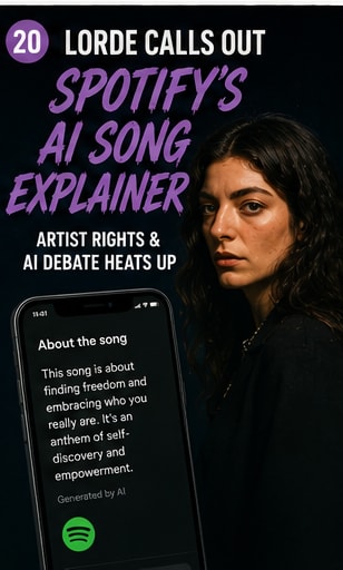 Lorde looking concerned beside a phone showing Spotify's About the Song AI feature.