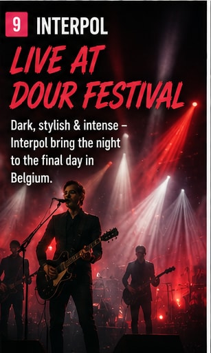 Interpol performing on stage under red lights at Dour Festival.