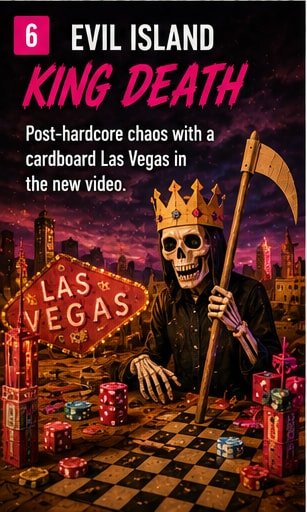 Johnny Whitney of Evil Island with a cardboard scythe in a cardboard Las Vegas replica.