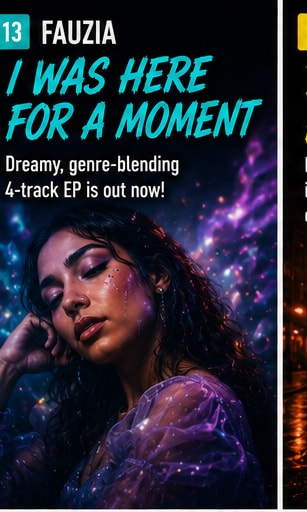 FAUZIA posing in a hazy, dream-pop aesthetic setting with colorful reflections.