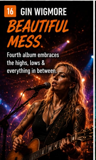 Gin Wigmore posing against a vibrant, textured abstract painting backdrop.