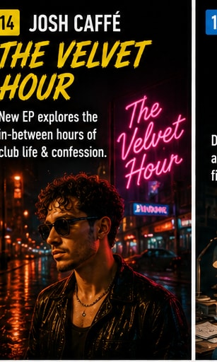 Josh Caffé in a stylish leather jacket under neon lights of a London underground club.