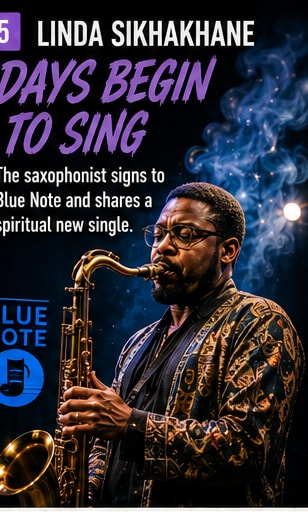 Linda Sikhakhane performing with his saxophone under warm jazz club lights.