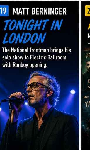 Matt Berninger holding a microphone, performing solo under the Electric Ballroom stage lights.