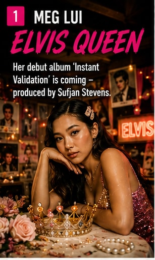Meg Lui performing live with her guitar celebrating Elvis Queen release.