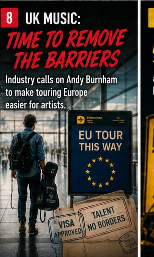 An indie band loading gear into a tour van, looking out toward a European highway.