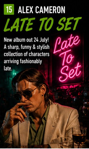 Alex Cameron posing in a slick retro-styled suit looking charismatic.