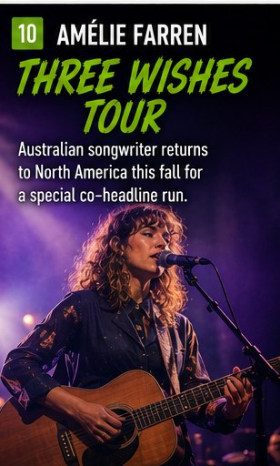 Amélie Farren performing live under colored stage spotlights.