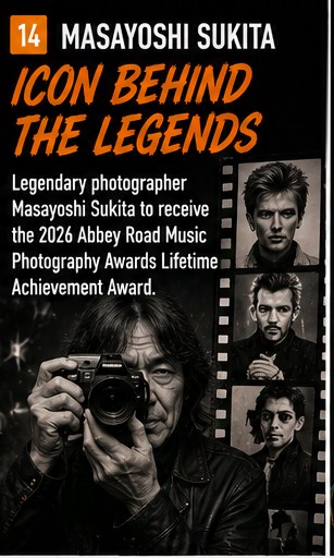 A classic black-and-white portrait style reflecting Masayoshi Sukita's music photography.