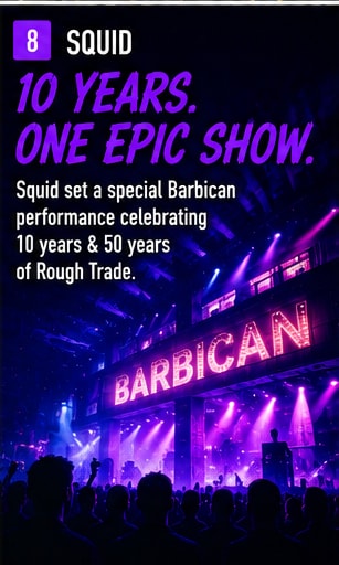 Squid performing art-rock live in celebration of 10 years at the Barbican.