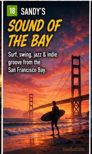 Sandy's band performing surf indie music on the California coast.