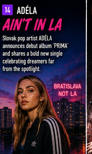 ADÉLA posing in Bratislava against modern pop imagery.