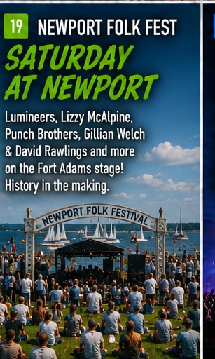 Newport Folk Festival stage overlooking Rhode Island waterfront.