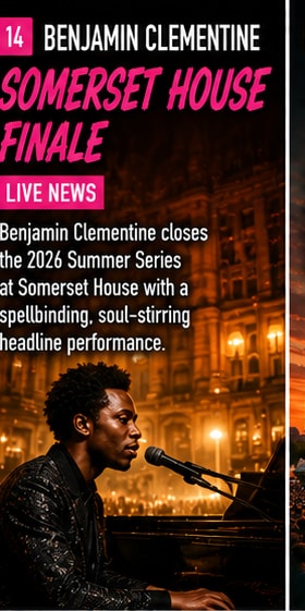 Benjamin Clementine performing at grand piano in Somerset House courtyard.