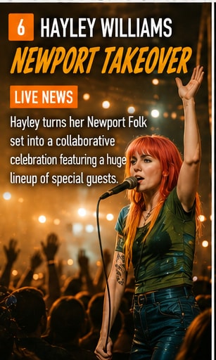 Hayley Williams performing on stage at Newport Folk Festival with guest musicians.