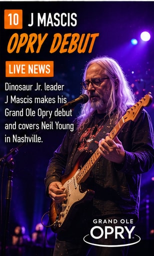 J Mascis with long hair playing guitar inside the Grand Ole Opry circle.
