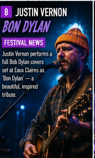 Justin Vernon performing acoustic guitar under warm lights at Eaux Claires festival.