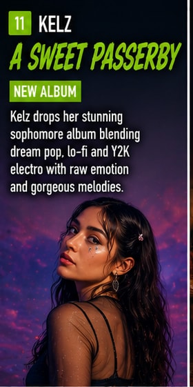 Kelz dream pop artist surrounded by soft synth gear and ethereal lighting.