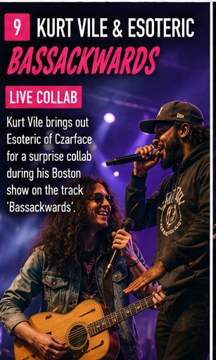 Kurt Vile playing electric guitar alongside rapper Esoteric on stage in Boston.