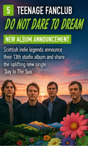 Teenage Fanclub band members standing near coastal island landscape.