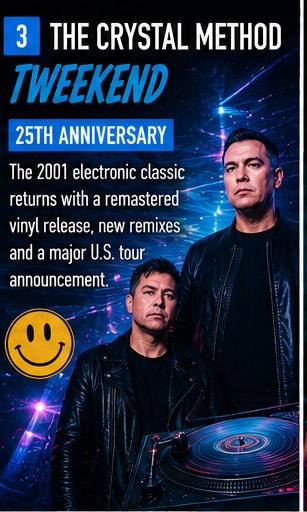 The Crystal Method limited edition orange vinyl record and synthesizer equipment.