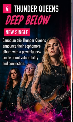Thunder Queens rock trio performing with electric guitars and drums.