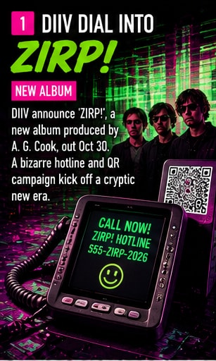 DIIV alternative rock band members in a retro corporate studio set.