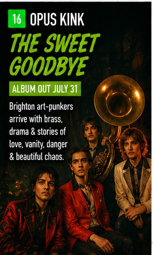 Opus Kink art-punk band performing with brass instruments and high energy on stage.