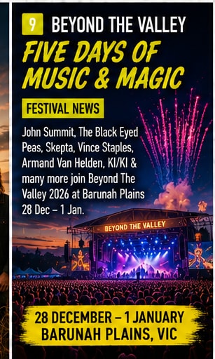 Beyond The Valley festival stage at night with colourful fireworks and a massive dancing crowd at Barunah Plains.