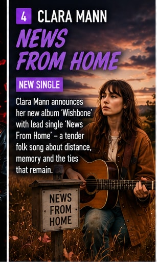Clara Mann sitting with an acoustic guitar against a warm rural backdrop holding a handmade News From Home sign.