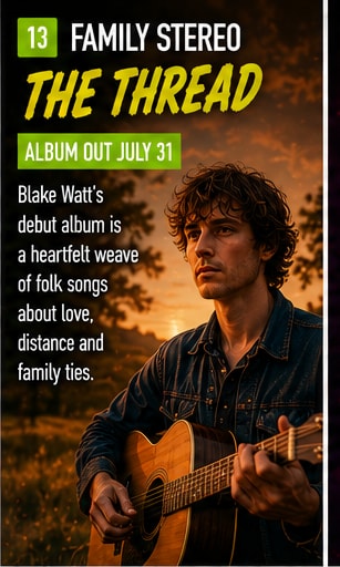 A young man playing acoustic guitar at sunset in an open golden field, evoking Family Stereo's folk warmth.