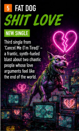 Fat Dog in a neon-lit electronic performance space with synths blazing and chaotic energy on stage.