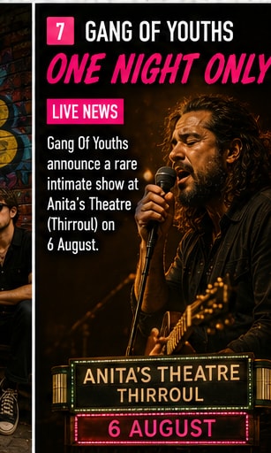 Gang Of Youths frontman David Le'aupepe performing with raw intensity at a lit-up intimate theatre venue.