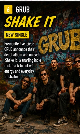 GRUB five-piece indie rock band posing confidently in front of colourful street art in Fremantle.