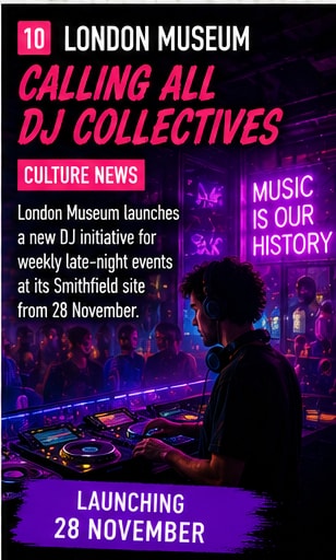 A DJ performing at a neon-lit late-night event inside a historic museum space with a crowd gathered around exhibits.