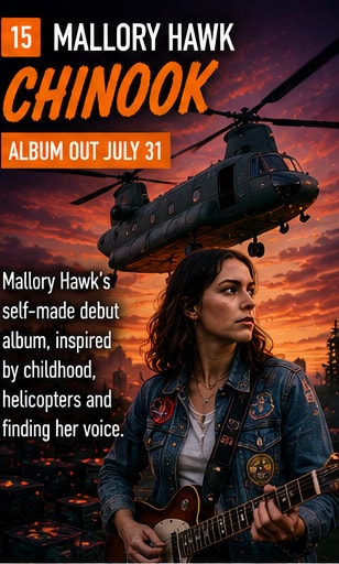 Mallory Hawk playing electric guitar outdoors with a military Chinook helicopter silhouetted against a dramatic sunset sky.