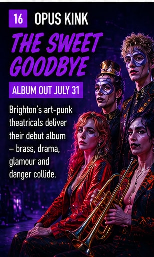 Opus Kink in theatrical costumes performing with brass instruments on a dramatic stage set in Brighton.