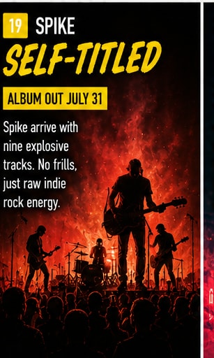 Spike indie rock band performing on a dramatic stadium stage with a glowing crowd and intense red stage light.