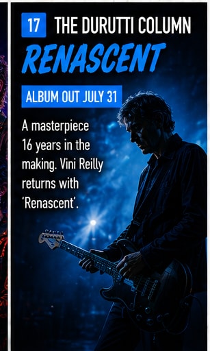 Vini Reilly of The Durutti Column playing delicate guitar in a darkened studio bathed in deep blue light.