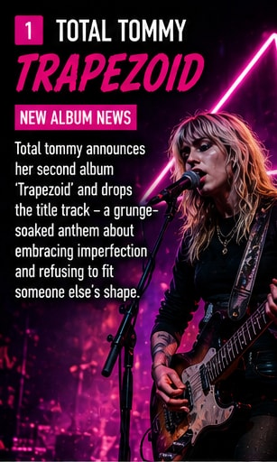 Total Tommy artist Jess Holt performing grunge guitar on stage under vivid purple and pink lights.