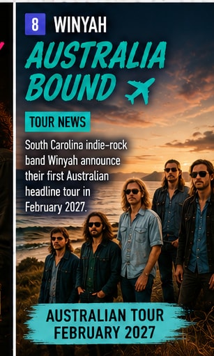 Winyah five-piece indie rock band bathed in warm golden light against a coastal sunset backdrop.