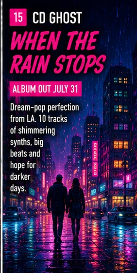 CD Ghost performing lush dream-pop amidst atmospheric synth lights and guitar gear.