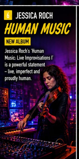 Jessica Roch playing violin and live electronics in an atmospheric acoustic performance studio.