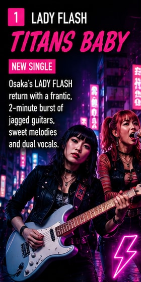 LADY FLASH performing high-energy noise-pop with vibrant guitars and dual vocals under bright Osaka stage lights.