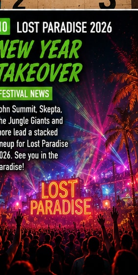 Lost Paradise festival grounds packed with music fans under vibrant light displays.